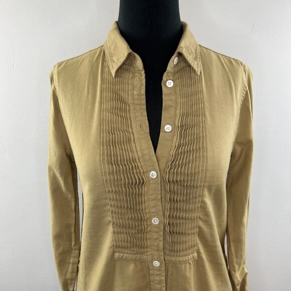 J Crew Tuxedo Plaid Front Pleated Button Down Shirt Blouse Mustard Brown 0 XS - Picture 2 of 9